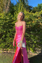 Hot Pink Appliques Prom Dress Lace Long Formal Gown Ruched